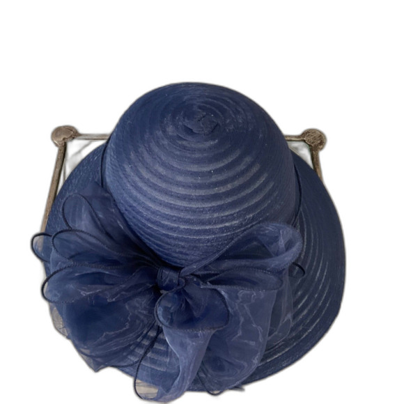 Forbusite Wide Brim Hat OS adjustable with w Large Bow Derby Church Navy blue - Picture 8 of 8